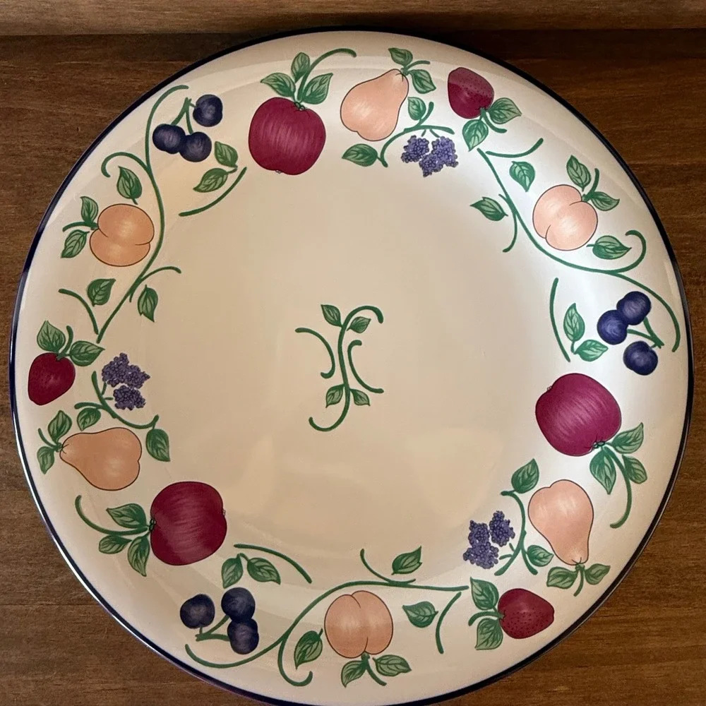 Princess House Orchard Medley Dinner Plate Fruit Pattern Blue Trim Ceramic